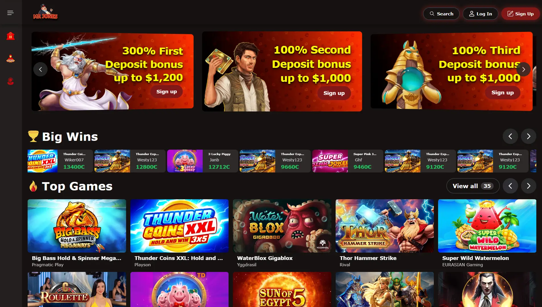 Página principal de Mr Jones Casino con bonos de bienvenida, grandes ganancias y las mejores tragamonedas