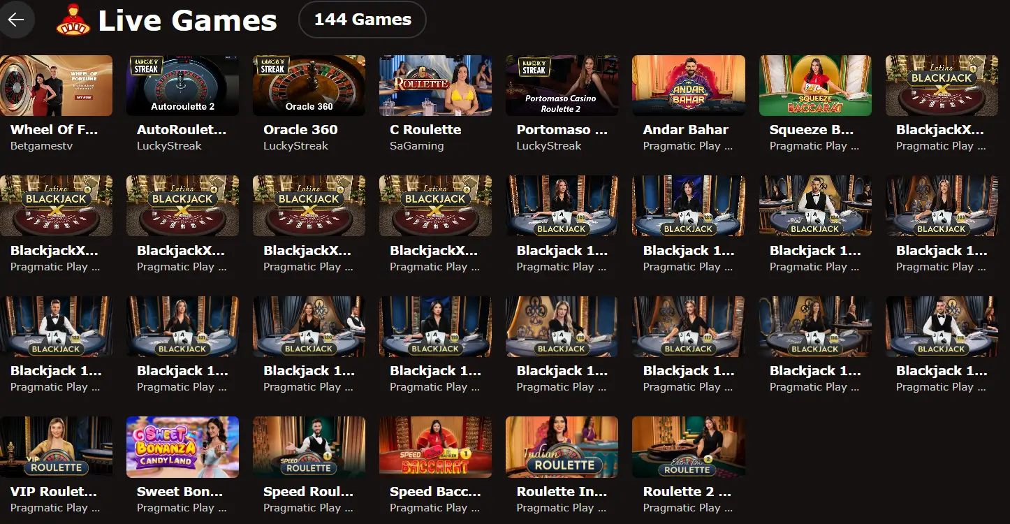 Lobby de juegos en vivo de Mr Jones Casino con blackjack, ruleta, baccarat y otros juegos de mesa